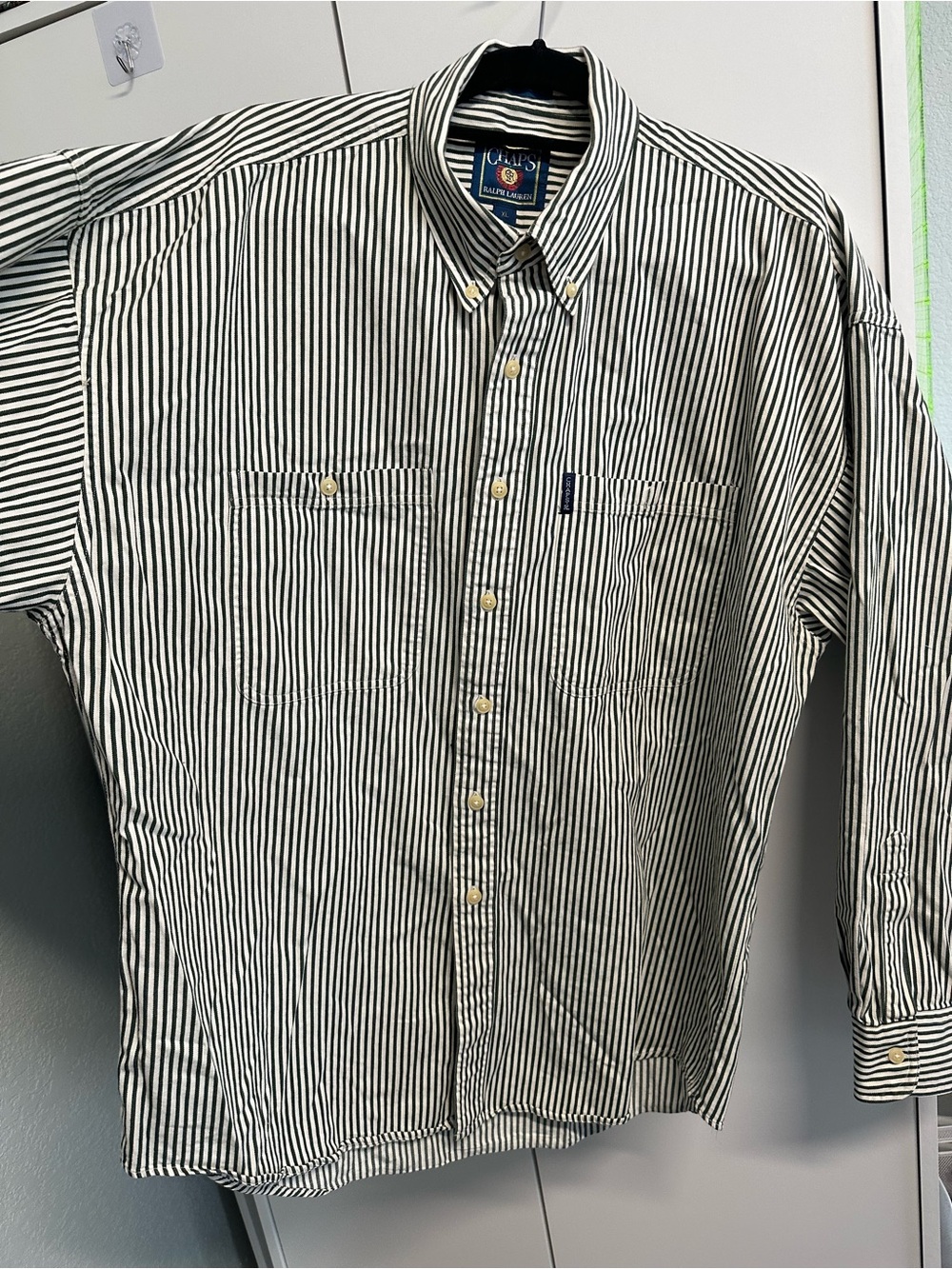 Ralph Lauren Green and Off White Vertical Stripe Button-Down Shirt